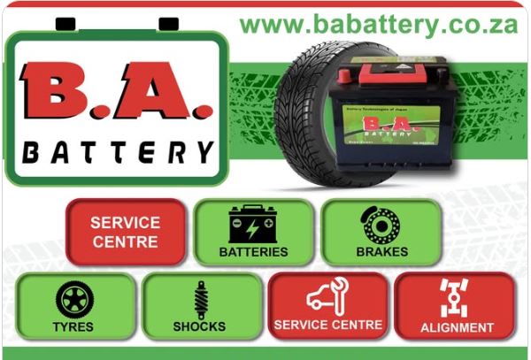 B.A. Battery advertisement with battery image and service center icons on a green and red background.